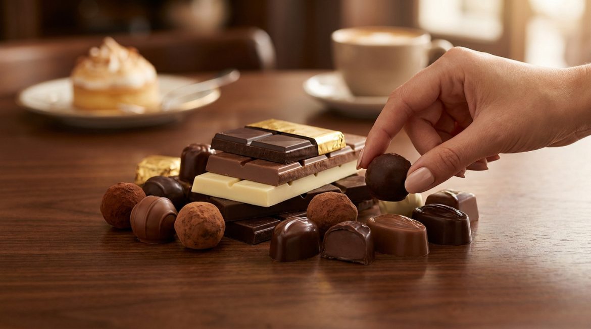 Top des marques de chocolat français à déguster en 2026 Une main saisit une praline de chocolat sur une table ornée d'une sélection de chocolats fins et de tablettes.