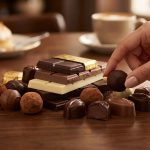 Une main saisit une praline de chocolat sur une table ornée d'une sélection de chocolats fins et de tablettes.