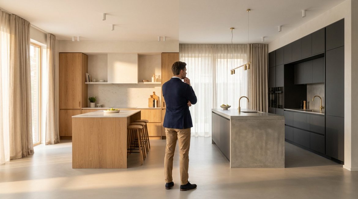 Un homme en costume observe deux styles de cuisines contrastés, l'un en bois clair et l'autre en gris anthracite moderne.