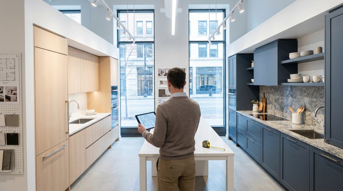 Un homme consulte un plan de cuisine sur tablette dans un showroom présentant deux styles de cuisines.