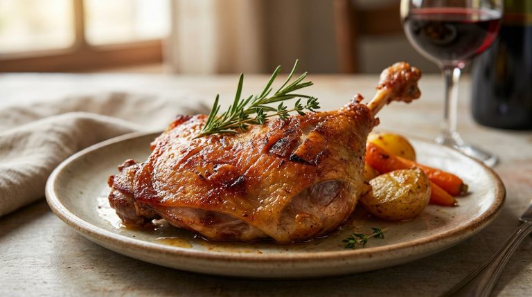 Une cuisse de canard rôtie à la peau dorée et croustillante sur une assiette avec des légumes et du romarin.