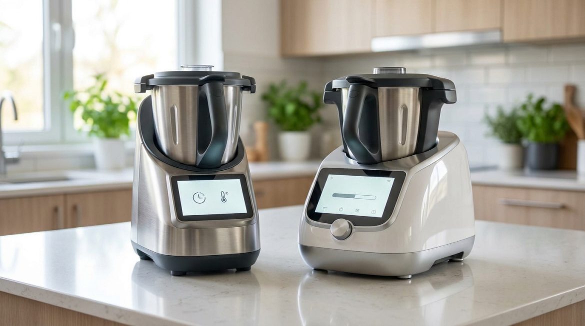 Deux robots cuiseurs Monsieur Cuisine posés sur un plan de travail dans une cuisine moderne.