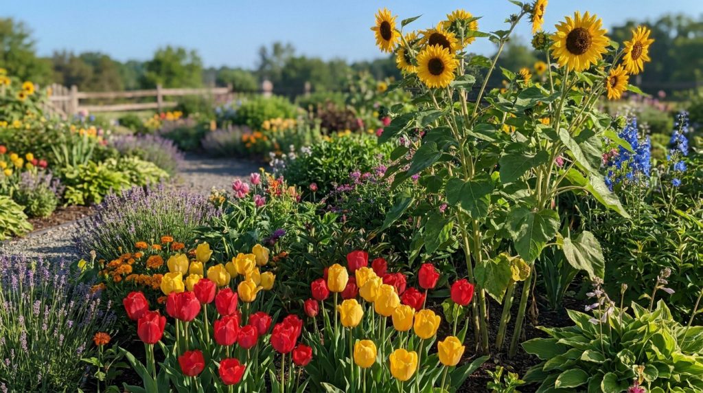 Tulipes rouges et jaunes en premier plan dans un jardin ensoleillé avec des tournesols et de la lavande à l'arrière.