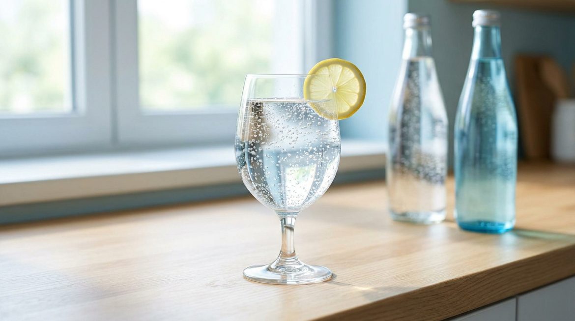 Un verre d'eau pétillante avec une rondelle de citron sur un comptoir en bois, devant une fenêtre.