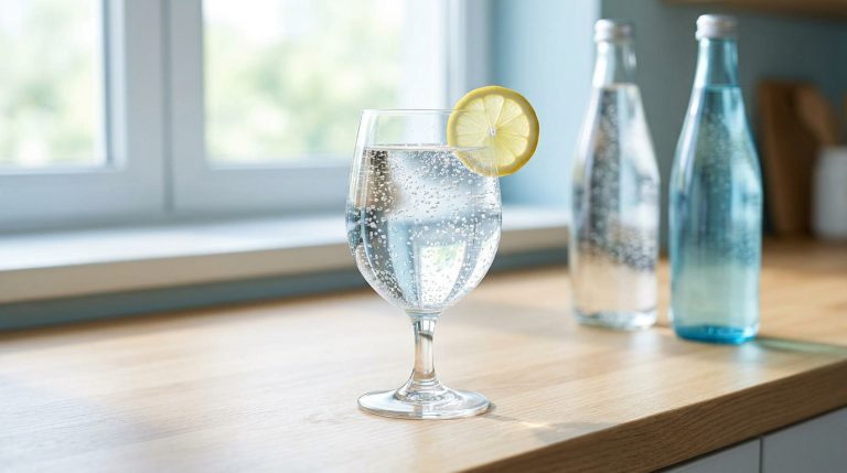 Un verre d'eau pétillante avec une rondelle de citron sur un comptoir en bois, devant une fenêtre.