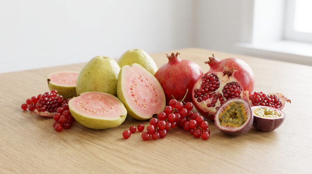 Assortiment de goyaves, grenades, groseilles et fruits de la passion sur une table en bois clair.