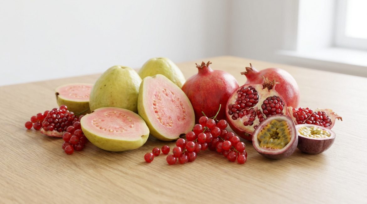 Assortiment de goyaves, grenades, groseilles et fruits de la passion sur une table en bois clair.