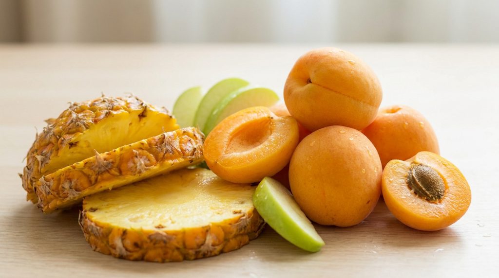 Un assortiment d'ananas, d'abricots et de pommes vertes sur une table en bois.