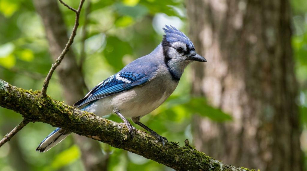Un geai bleu aux plumes éclatantes posé sur une branche moussue dans une forêt en arrière-plan.