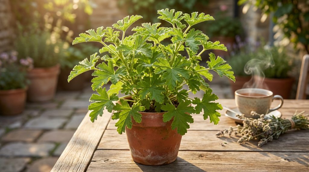 Un géranium citronnelle dans un pot en terre cuite posé sur une table en bois en extérieur.