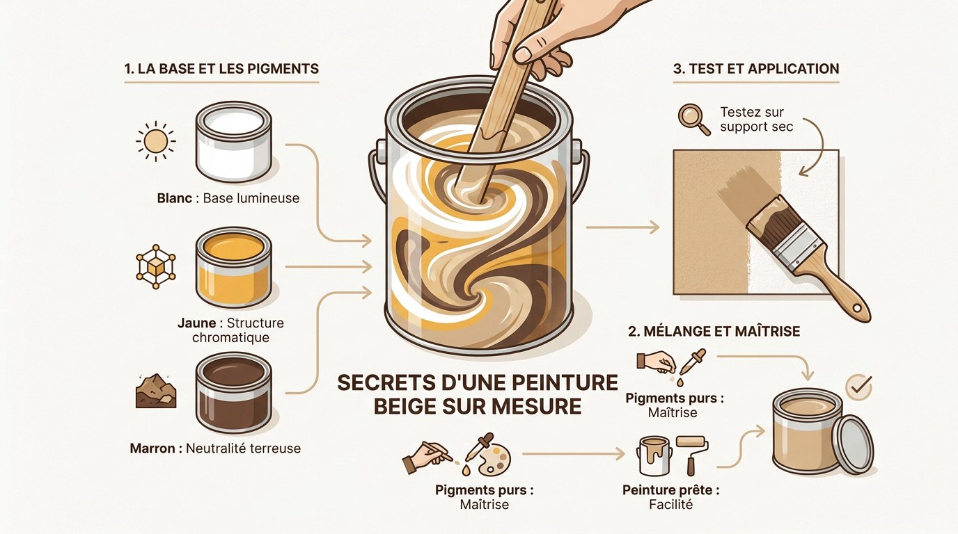 Infographie expliquant le mélange du blanc, jaune et marron pour créer une peinture beige