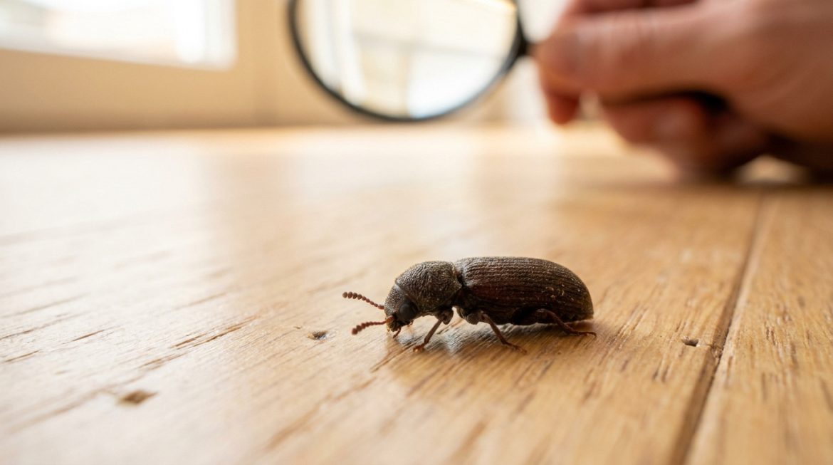 Gros plan d'un petit coléoptère marron observé avec une loupe sur un plancher en bois.