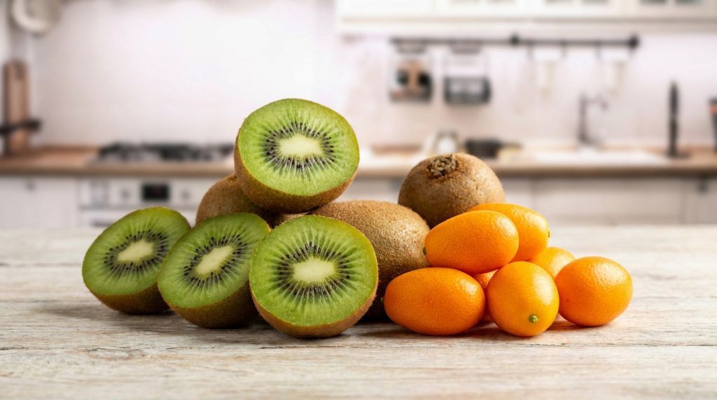 Assortiment de kiwis coupés en deux et de kumquats frais posés sur une table en bois dans une cuisine.