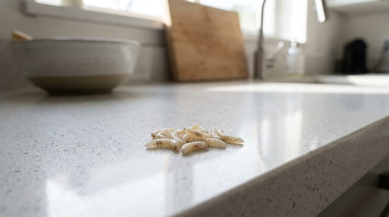 Gros plan sur un amas de larves blanches (asticots) sur un comptoir de cuisine en quartz blanc.