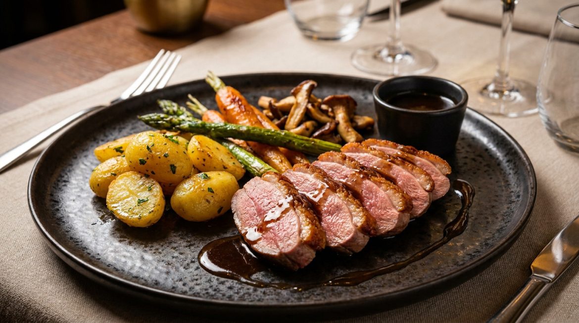 Quel accompagnement magret canard choisir pour se régaler ? Assiette de magret de canard rosé avec pommes de terre rissolées, asperges, carottes et champignons sur fond de table.