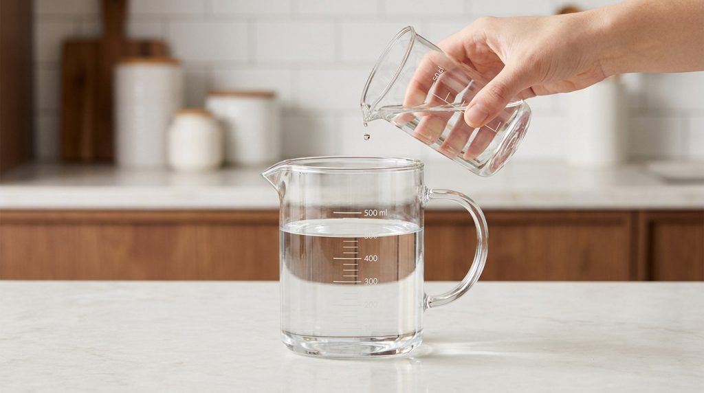 Main versant de l'eau d'un petit verre mesureur de 50 cl dans un grand récipient gradué en ml.