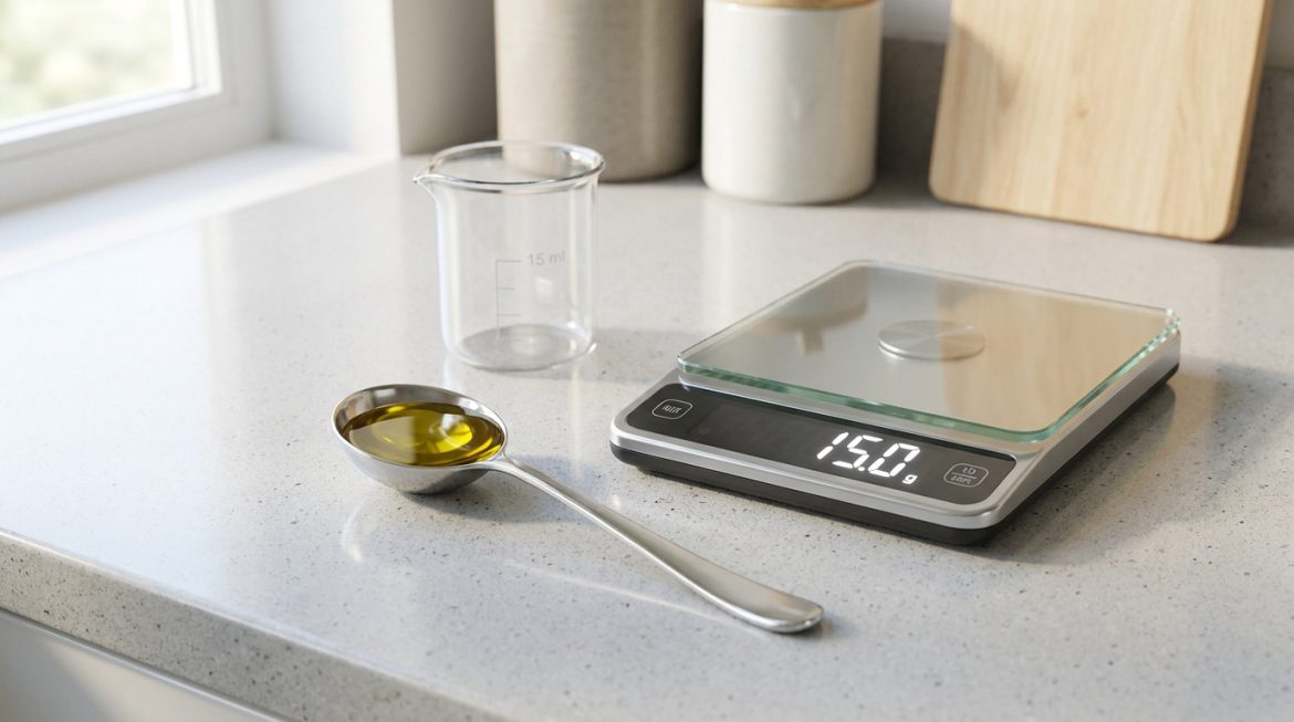 Quelle est la contenance d’une cuillère à soupe en ml ? Une cuillère à soupe d'huile d'olive pesant 15 g à côté d'un bécher gradué de 15 ml sur une balance de cuisine.