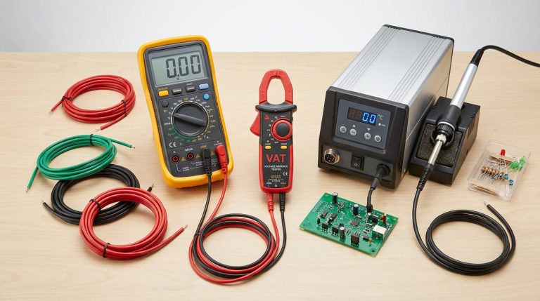 Liste d’outils mon club elec : le matériel pour vos projets Un multimètre, une pince ampèremétrique, une station de soudage et des câbles sur un plan de travail.
