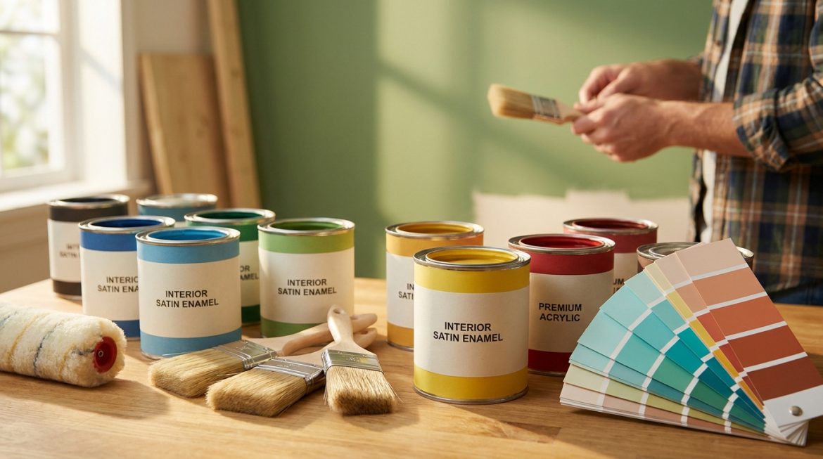 Pots de peinture Spectrum colorés et accessoires de bricolage sur une table en bois avec un nuancier.