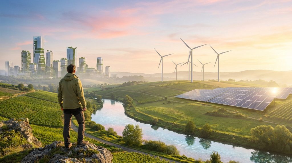 Une personne regarde une ville futuriste, des éoliennes et des panneaux solaires dans un paysage verdoyant au coucher.