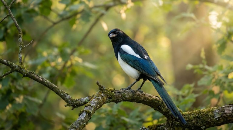 Le cri de la pie : décryptage du langage de cet oiseau Une pie bavarde perchée sur une branche moussue dans une forêt baignée par une lumière dorée.