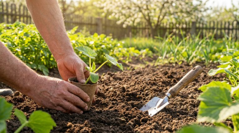 Quand planter courgettes : le calendrier pour réussir vos cultures Mains de jardinier plantant un jeune plant de courgette dans un pot biodégradable avec une petite pelle à côté.