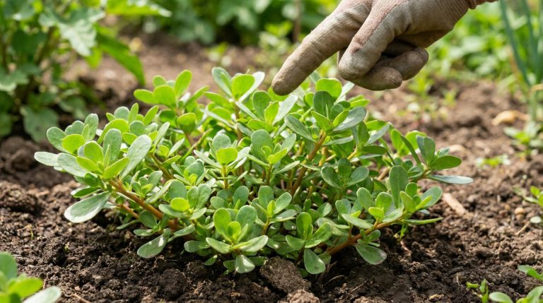 Une main gantée désigne une plante de pourpier poussant dans la terre d'un potager.