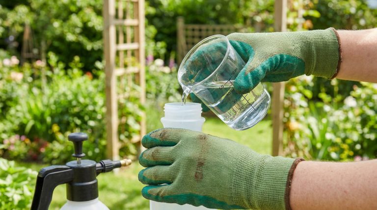 Dosage glyphosate : calcul précis et conseils de sécurité Une personne portant des gants de jardinage verse un liquide depuis un bécher gradué dans un pulvérisateur.