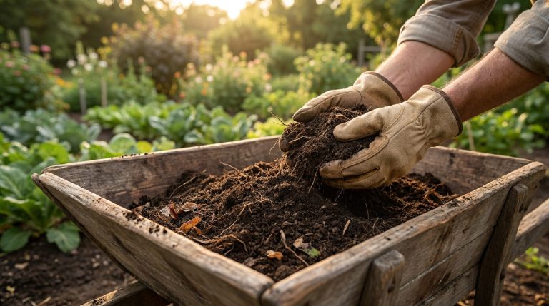 Où trouver de la terre végétale gratuite pour votre jardin Mains gantées manipulant de la terre fertile dans une brouette en bois au milieu d'un potager ensoleillé.