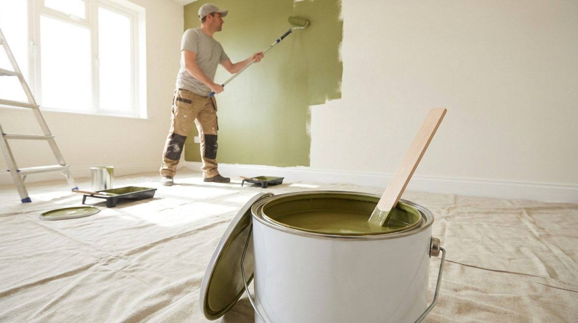 Un artisan peint un mur en vert olive dans une pièce lumineuse, avec un pot de peinture au premier plan.