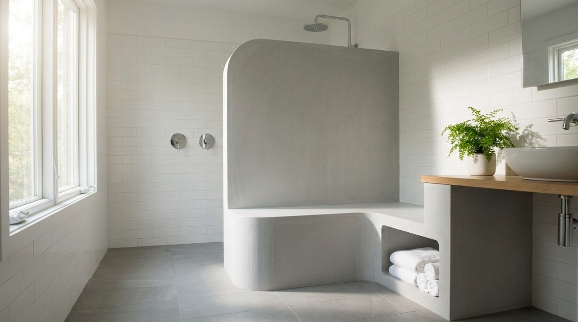 Douche italienne moderne avec banc intégré en béton gris et carrelage blanc mural dans une salle de bain lumineuse.