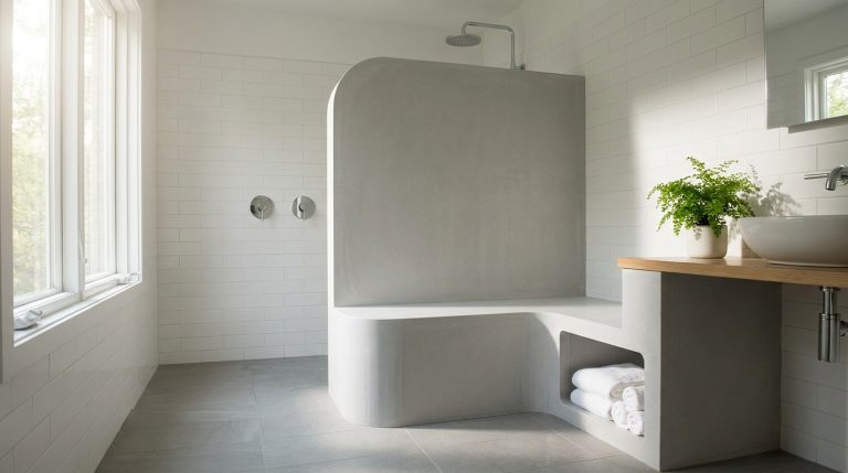 Douche italienne moderne avec banc intégré en béton gris et carrelage blanc mural dans une salle de bain lumineuse.