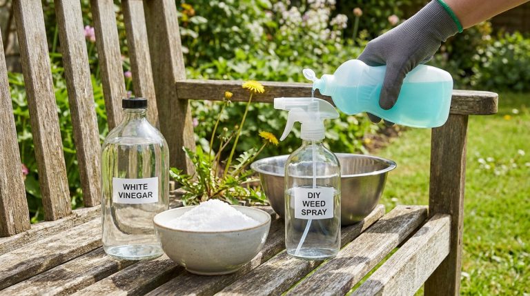 Préparation d'un désherbant maison avec du vinaigre, du sel et du savon dans le jardin.