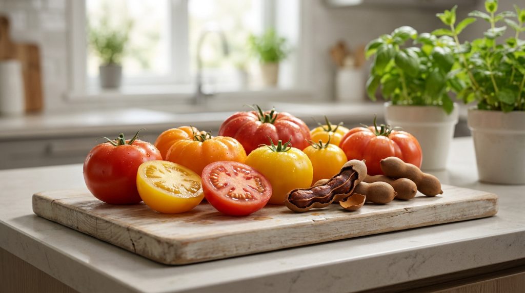 Assortiment de tomates colorées et de gousses de tamarin sur une planche à découper en bois dans une cuisine lumineuse.