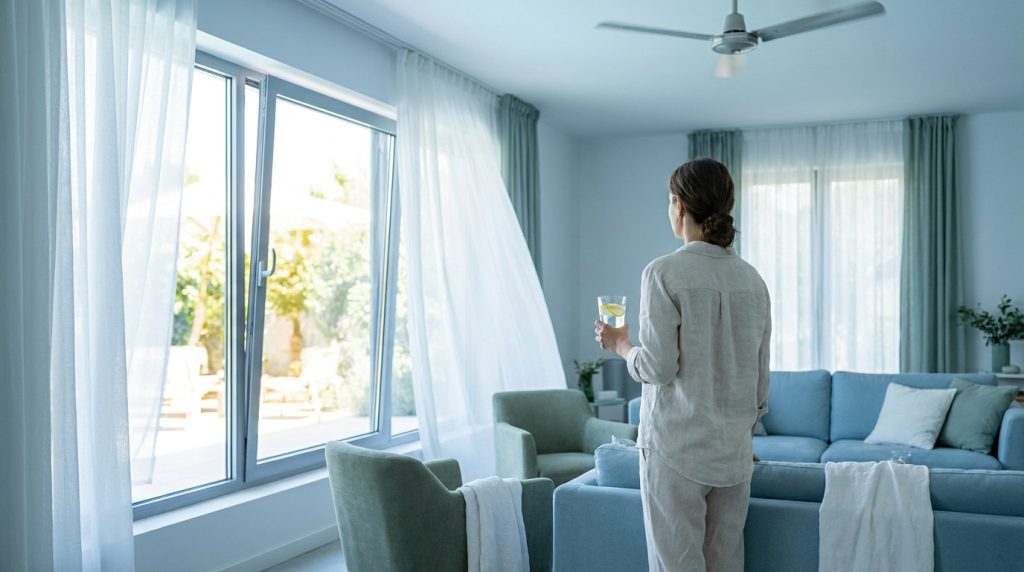 Une femme de dos tenant un verre d'eau devant une fenêtre ouverte dans un salon moderne durant une chaude journée.