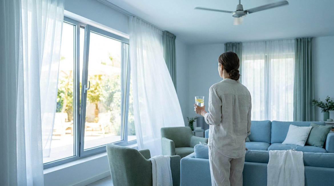 Canicule : voici à quelle heure ouvrir vos fenêtres pour garder votre logement au frais Une femme de dos tenant un verre d'eau devant une fenêtre ouverte dans un salon moderne durant une chaude journée.
