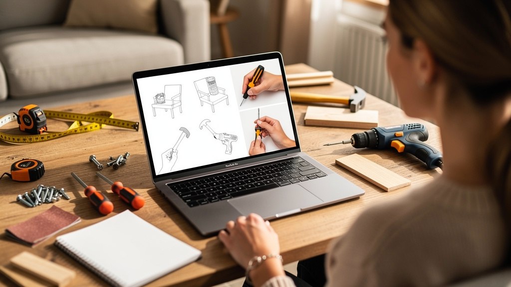 Femme consultant une formation bricolage sur ordinateur portable