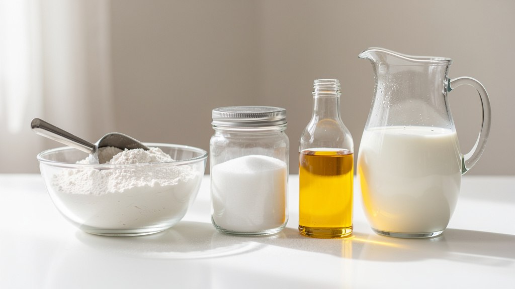 Ingrédients de pâtisserie alignés : farine, sucre, huile et lait
