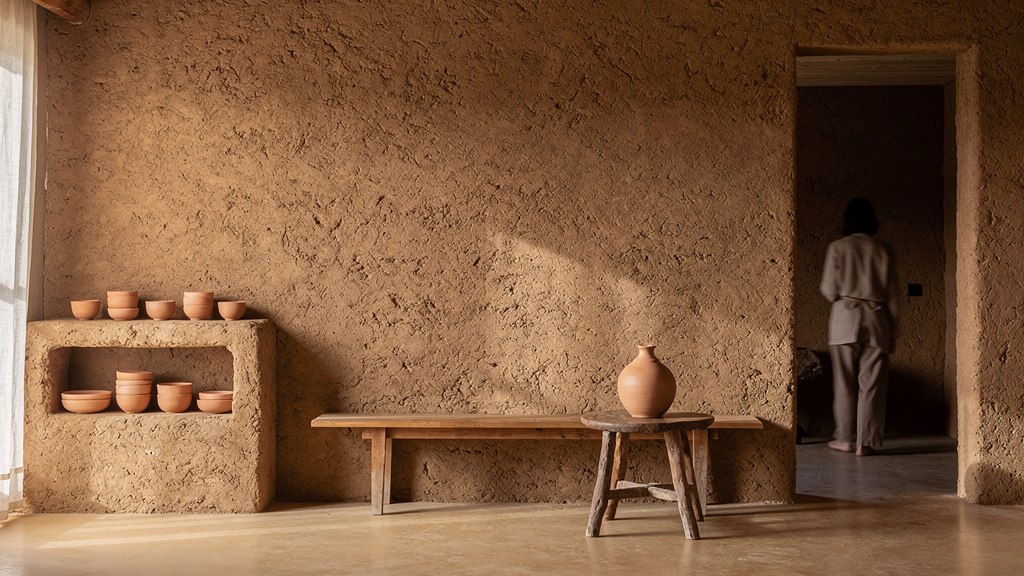 Intérieur d'une maison en terre crue avec murs bruts apparents