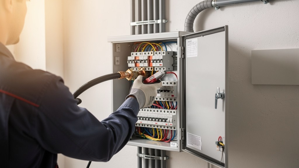Électricien raccordant le câble d'alimentation au tableau électrique