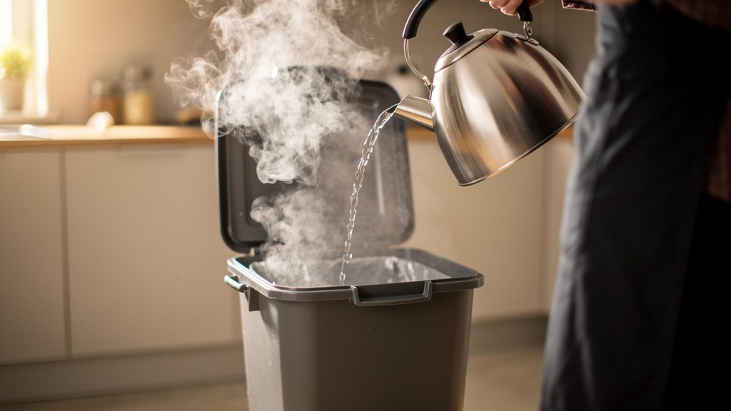 Personne versant de l'eau bouillante dans une poubelle
