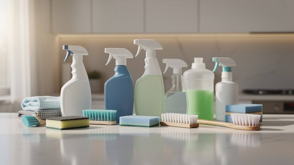 Produits ménagers de nettoyage disposés sur un plan de travail de cuisine