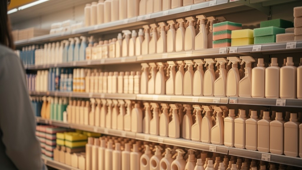 Rayon entretien maison d'un supermarché discount avec produits nettoyants alignés