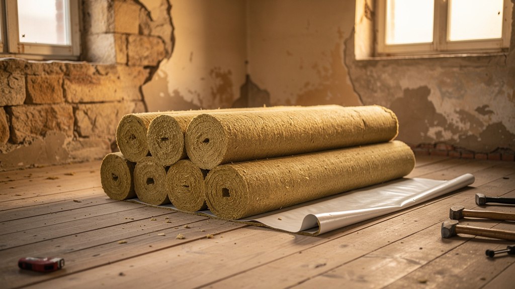 Rouleaux de laine de bois et frein-vapeur en attente de pose dans une pièce ancienne