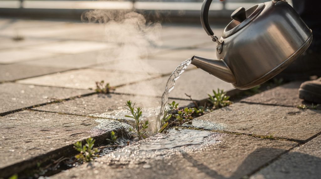 Femme versant de l'eau bouillante entre les dalles d'une terrasse pour éliminer les mauvaises herbes