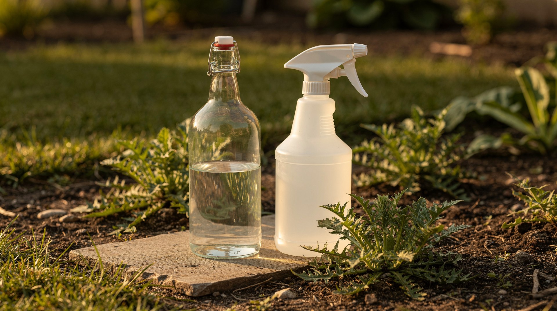 Flacon de vinaigre blanc et vaporisateur posés dans un jardin à côté de touffes de mauvais