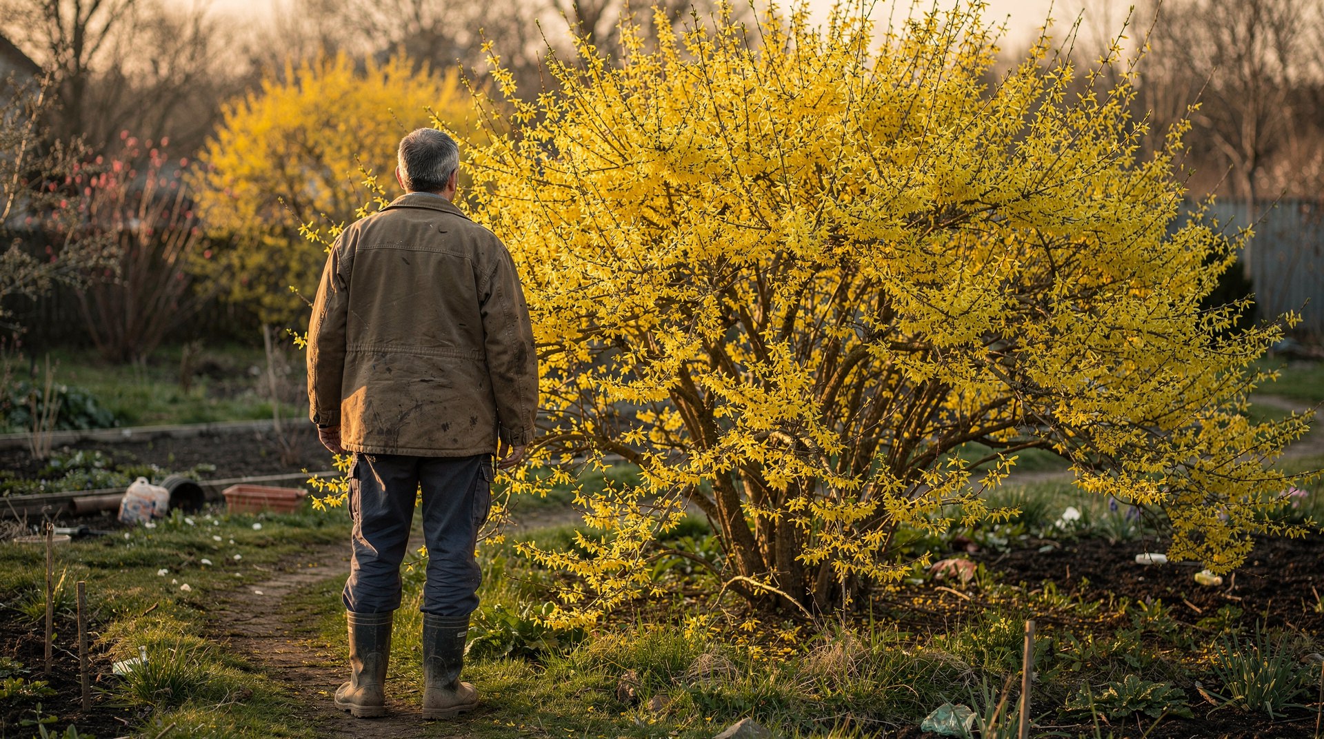 Forsythia en fleurs au printemps dans un jardin