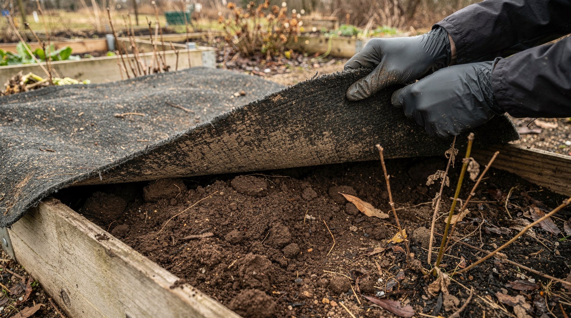 Gros plan sur une terre de potager sombre et grumeleuse avec des vers de terre visibles au