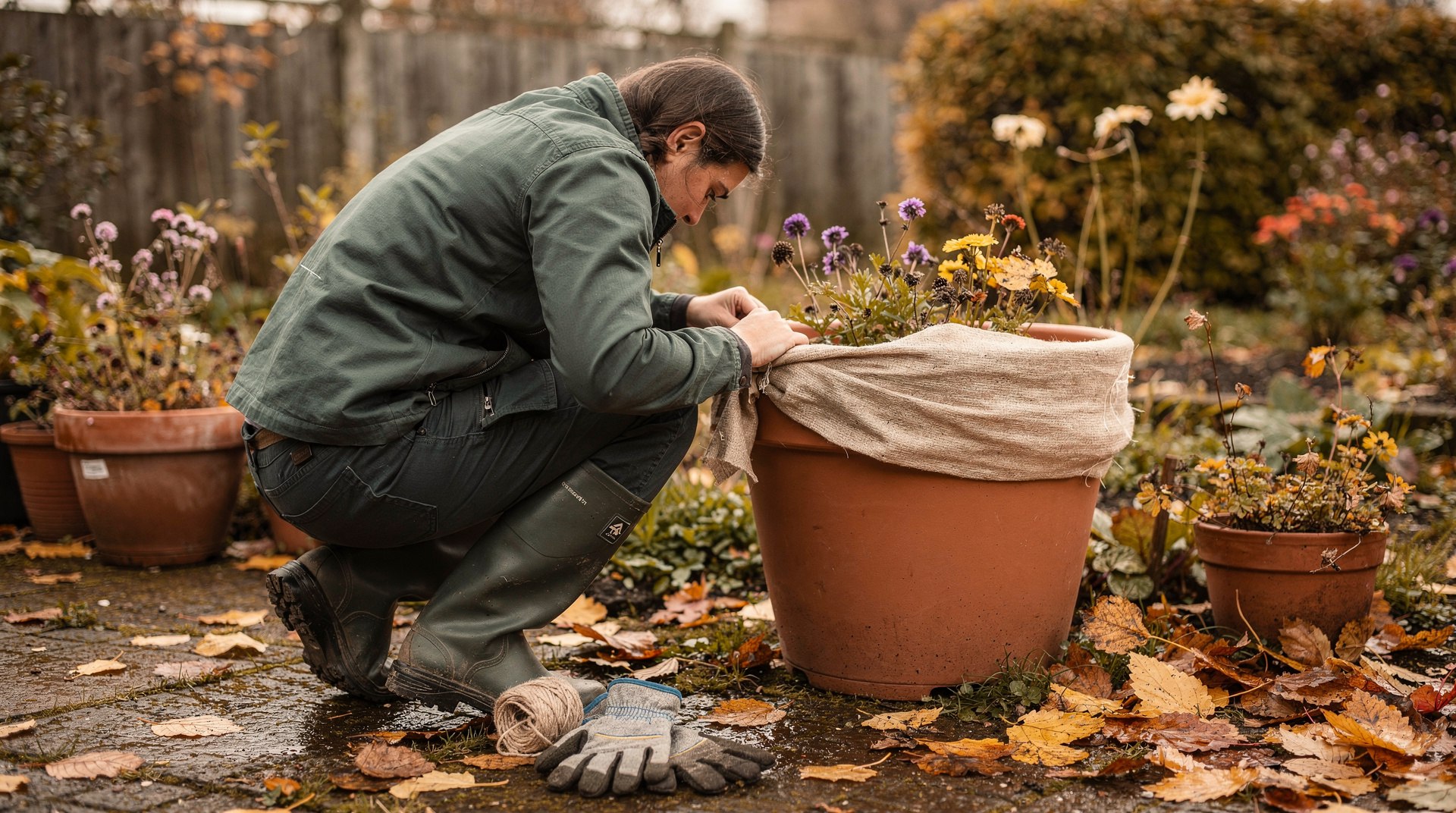 Jardinière enveloppant un grand bac en terre cuite avec du géotextile