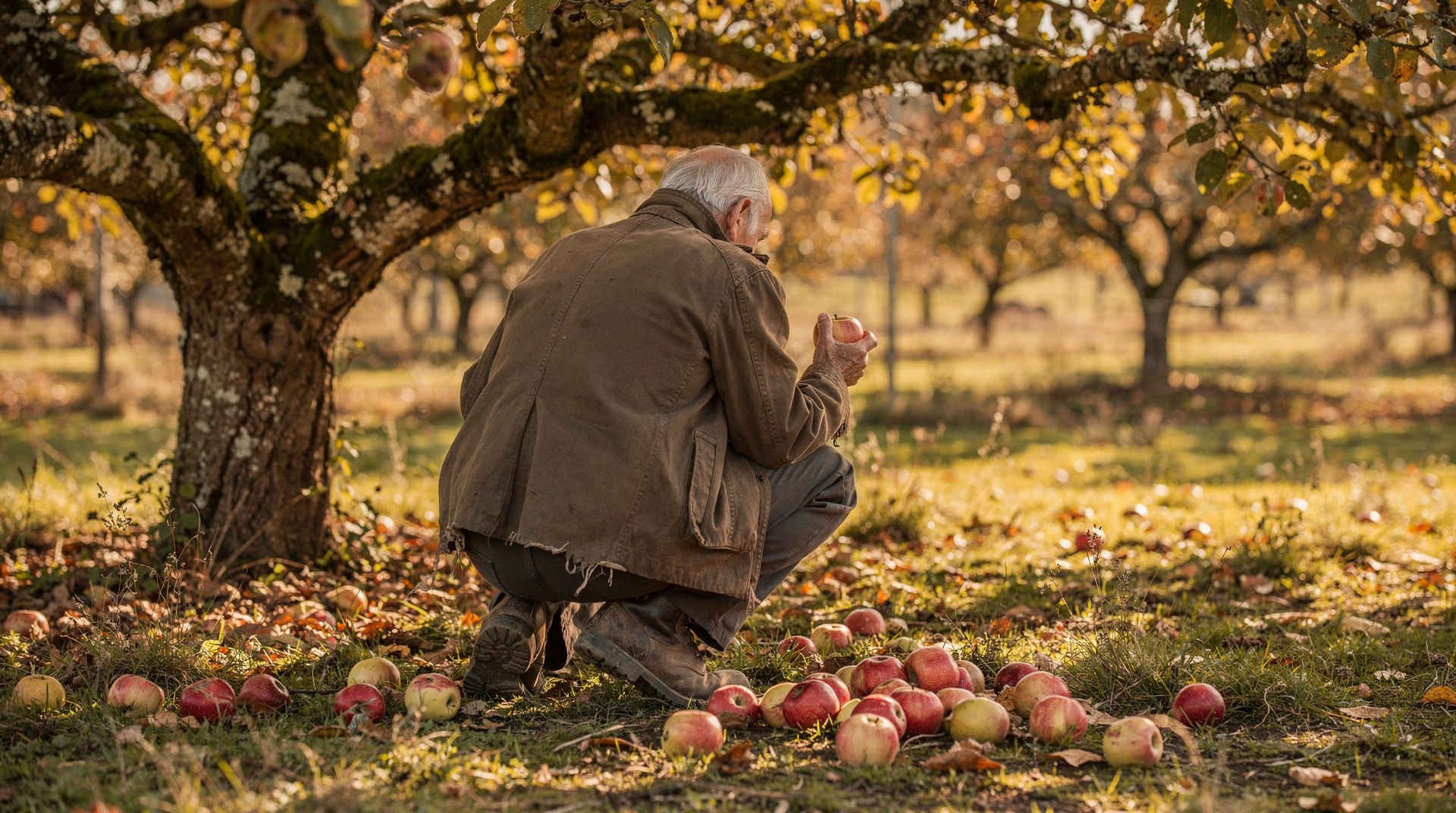 Jardinier accroupi examinant des pommes tombées dans un verger